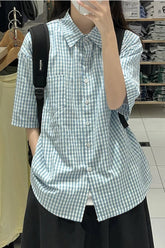 Short Sleeve Plaid Colors Blouse Shirt